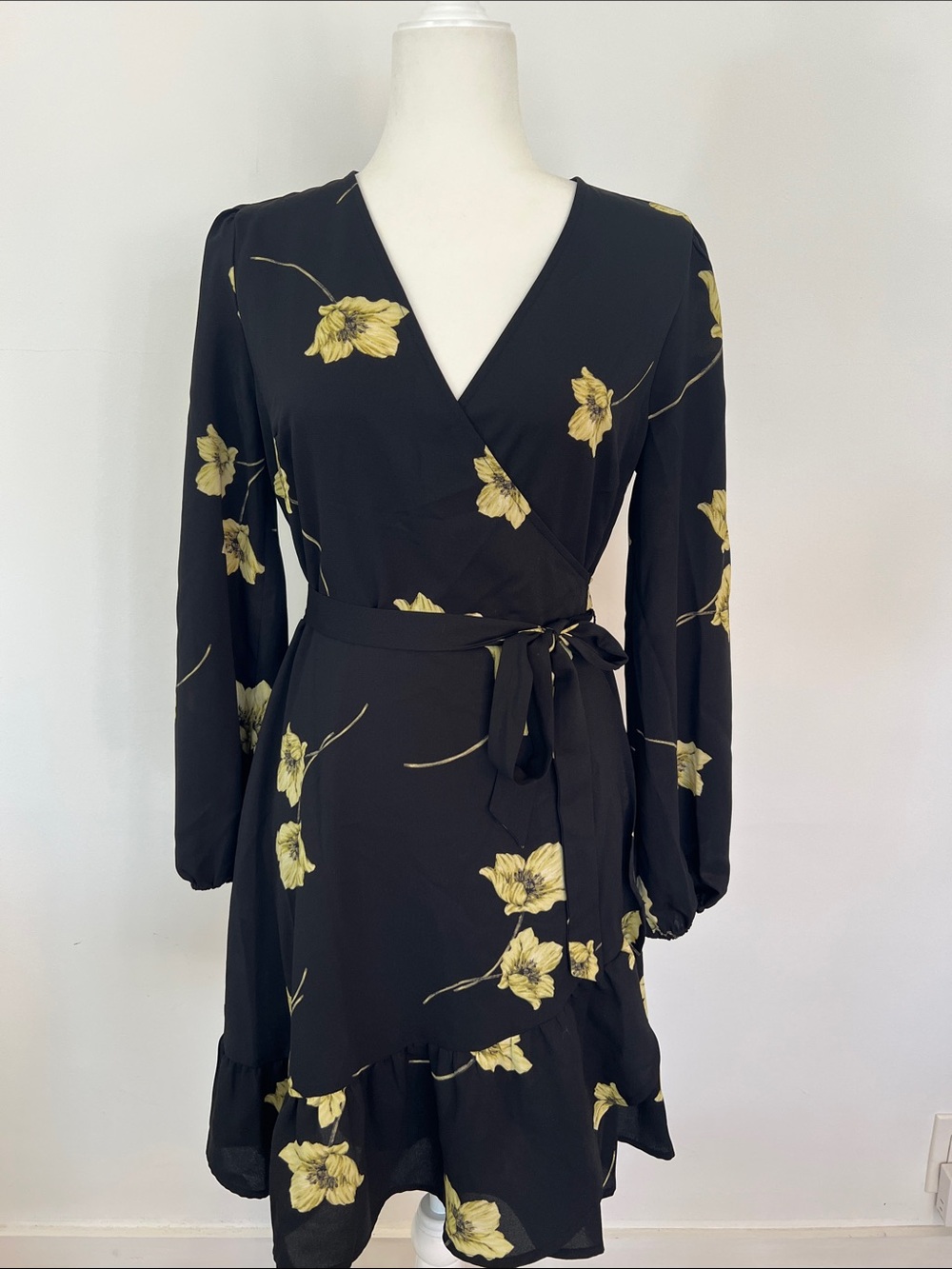 Bar III Black Floral Wrap Dress with Yellow Blooms